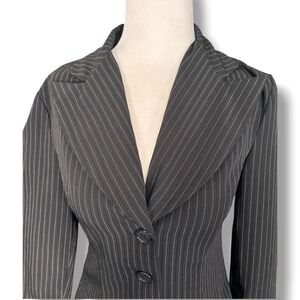 Y2K Koji Yohji Womens Pinstripe Blazer Jacket Wide Lapel Stretch Career Office